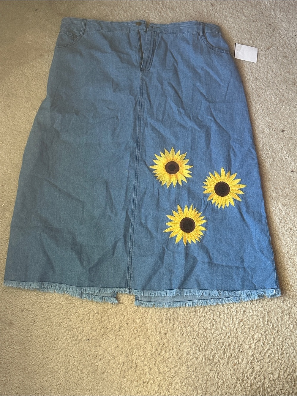 Studio West Denim Midi Skirt with Sunflower Embroidery - Blue & Yellow